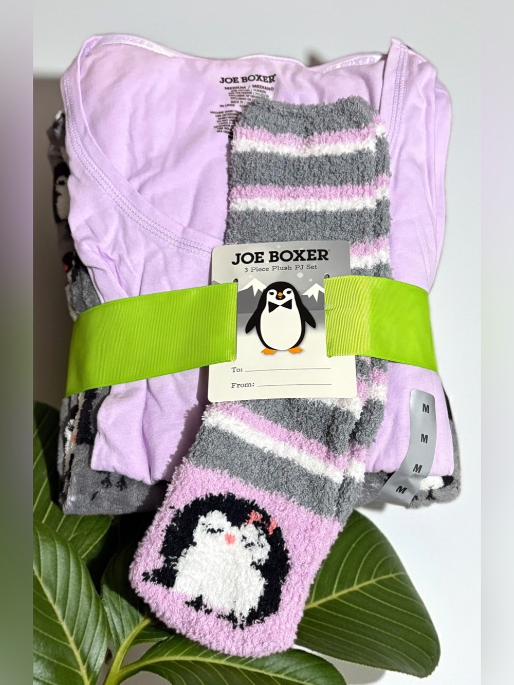 Joe Boxer Plush 3-Piece PJ Set with Penguin Fuzzy Socks - Lilac & Gray